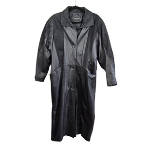 Vintage 80s Pelle Long Leather Jacker Trench Coat Duster Patterned Black Women M